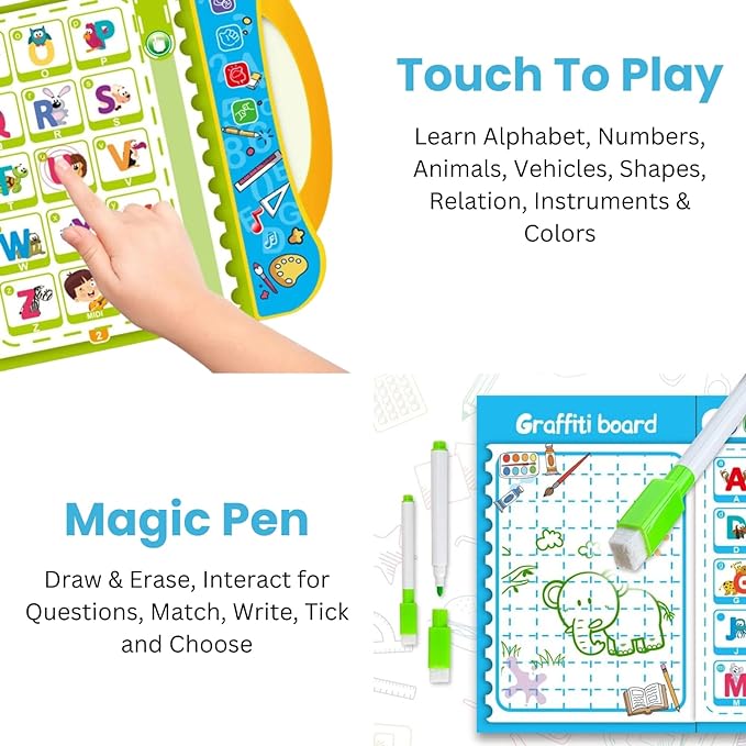 Intelligence E-Book for Kids - Learning Sound Book | English Letters & Words Learning Book, Fun Educational Toys. Activities with Numbers, Shapes, Animals Phonetic Learning Book for Toddlers + 1 Pencil Pouch FREE